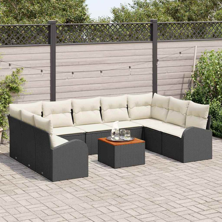 Tuinbankenset met opslag 10 pcs Zwart en Crème poly rattan