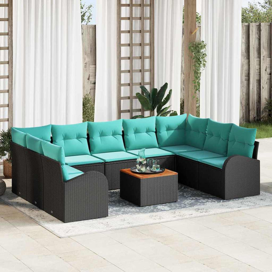 Tuinbankenset met opslag 10 pcs Zwart en Turquoise poly rattan