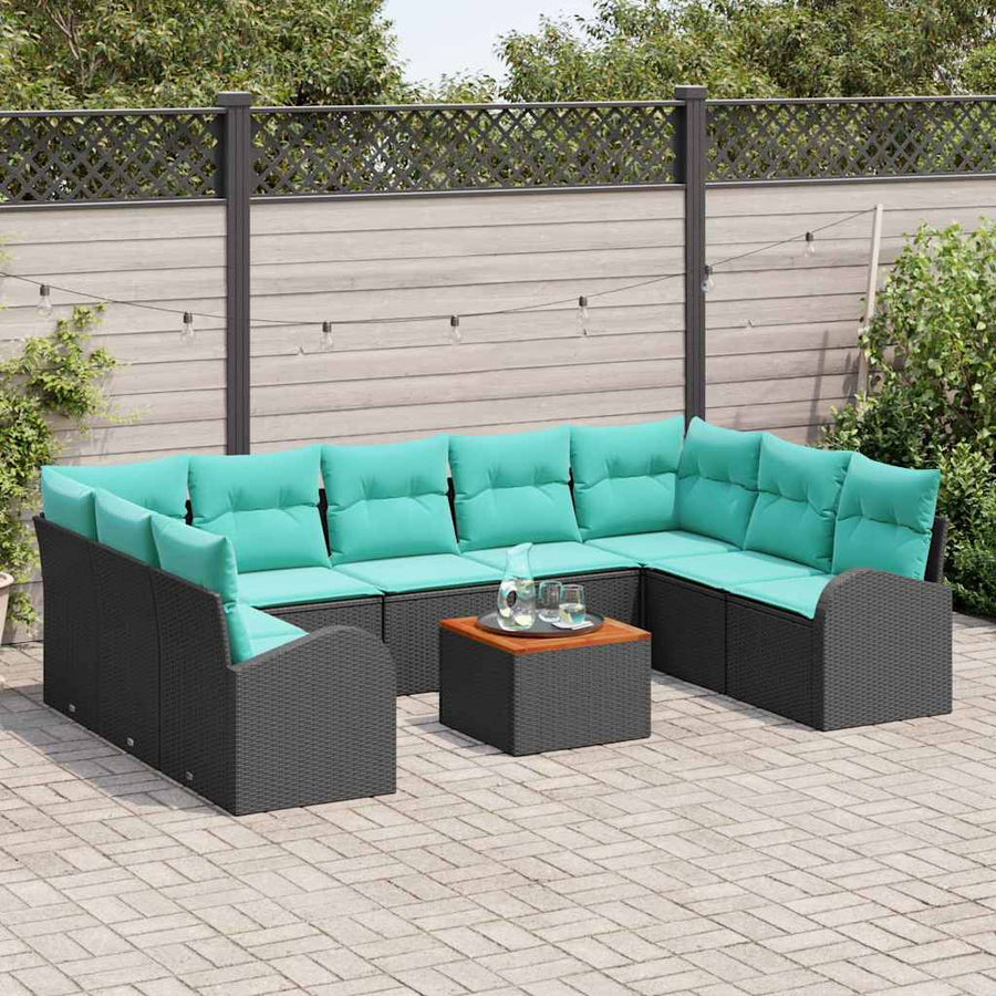 Tuinbankenset met opslag 10 pcs Zwart en Turquoise poly rattan