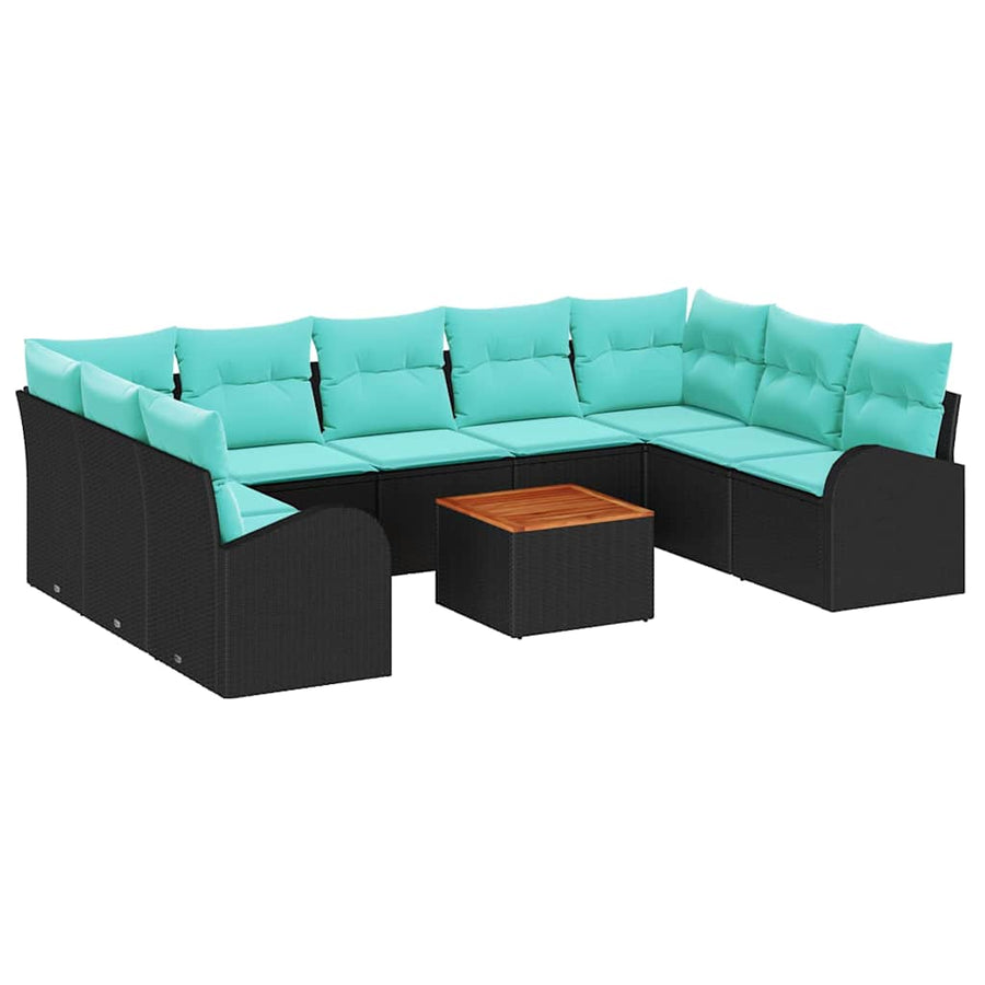 Tuinbankenset met opslag 10 pcs Zwart en Turquoise poly rattan