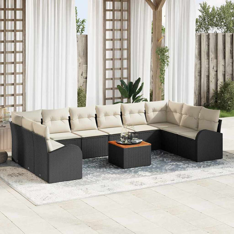 Tuinbankenset met opslag 11 pcs Zwart en Crème poly rattan