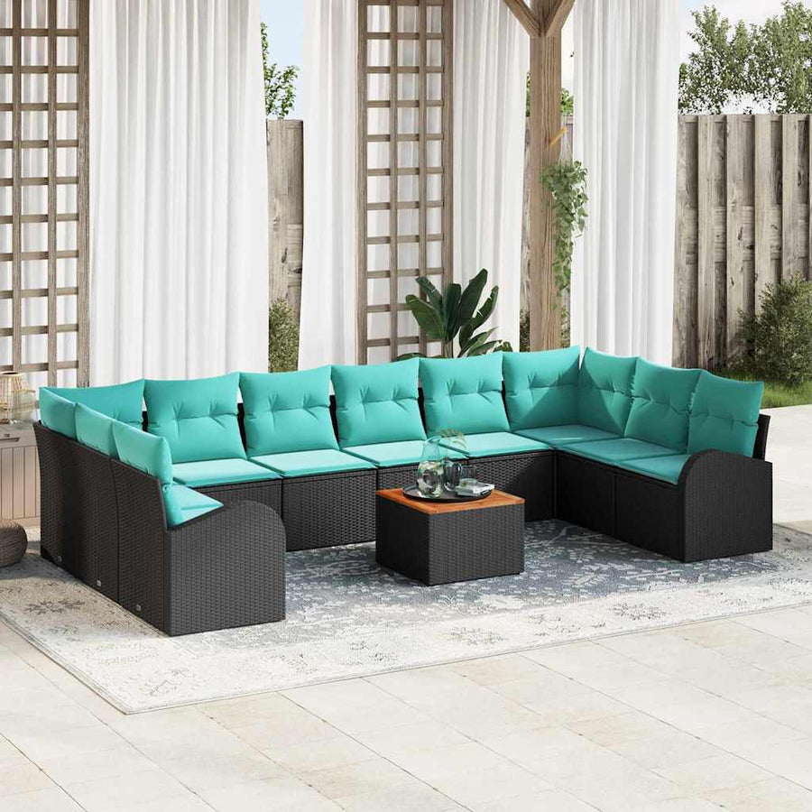 Tuinbankenset met opslag 11 pcs Zwart en Turquoise poly rattan