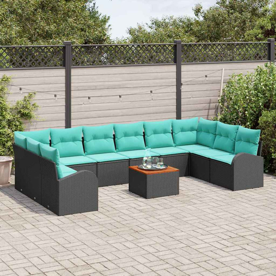 Tuinbankenset met opslag 11 pcs Zwart en Turquoise poly rattan