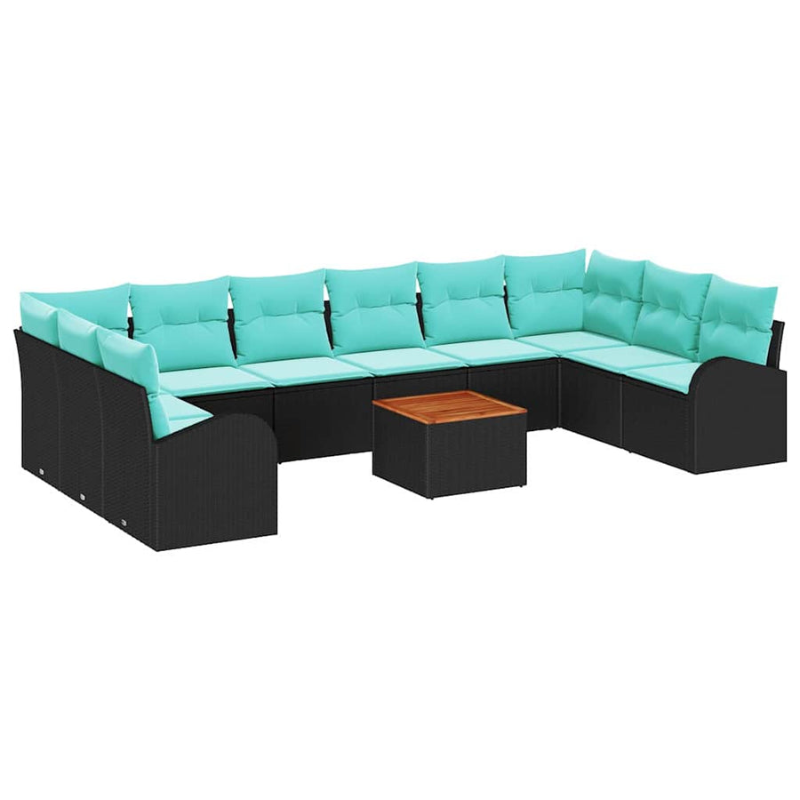 Tuinbankenset met opslag 11 pcs Zwart en Turquoise poly rattan