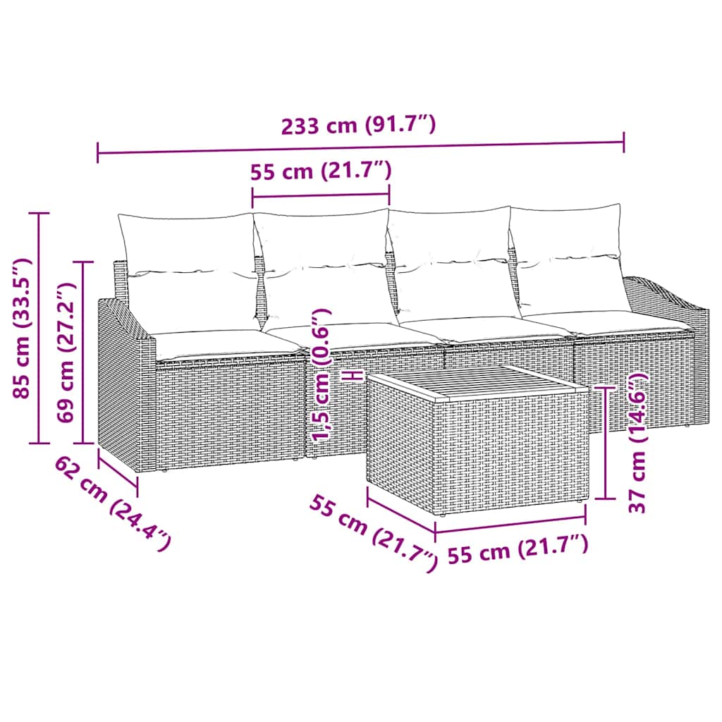 Tuinbankenset met opslag 5 pcs Beige en Licht Grijs poly rattan