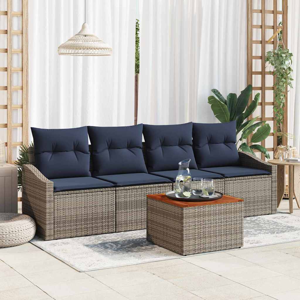 Tuinbankenset met opslag 5 pcs Grijs en Marineblauw poly rattan