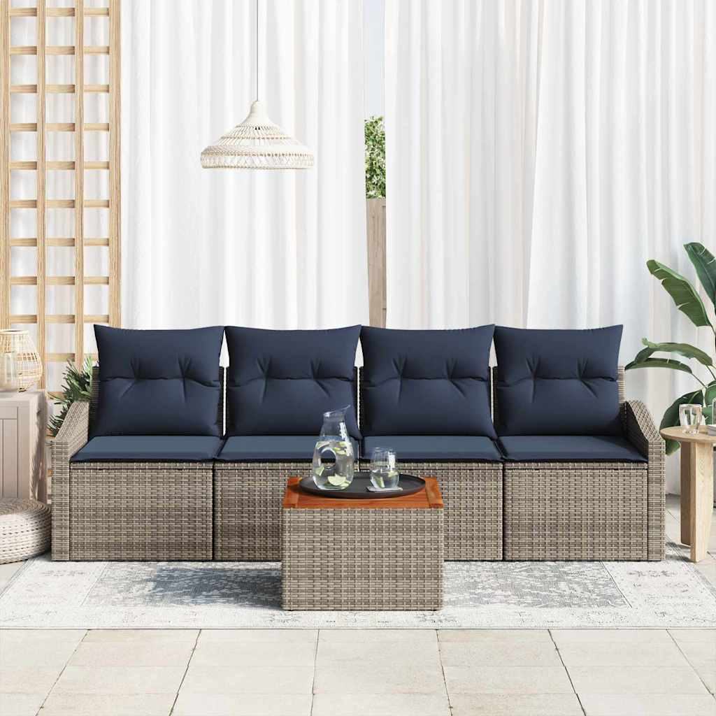 Tuinbankenset met opslag 5 pcs Grijs en Marineblauw poly rattan