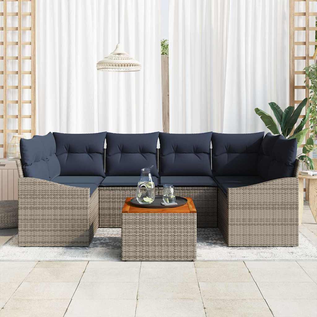 Tuinbankenset met opslag 7 pcs Grijs en Marineblauw poly rattan
