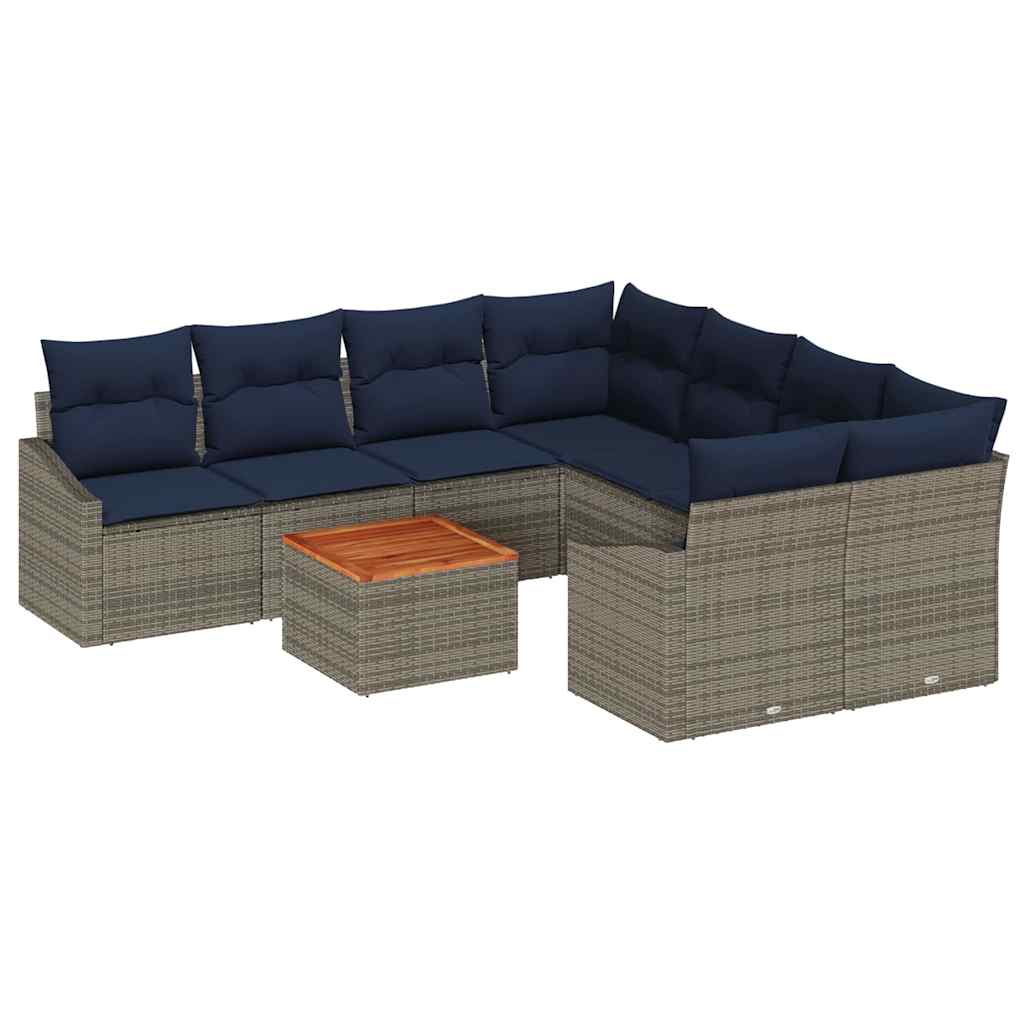 Tuinbankenset met opslag 9 pcs Grijs en Marineblauw poly rattan