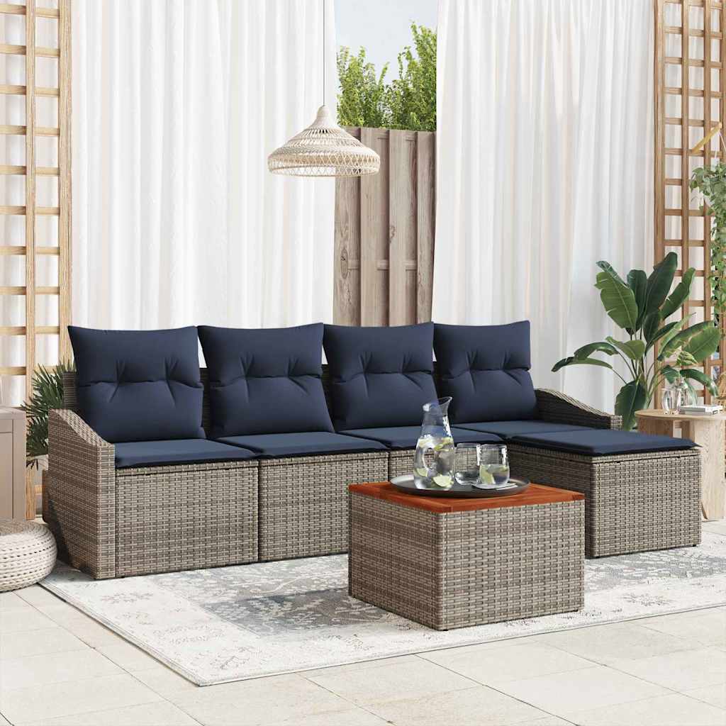 Tuinbankenset met opslag 6 pcs Grijs en Marineblauw poly rattan