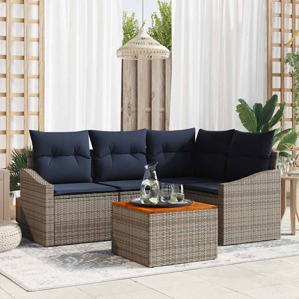 Tuinbankenset met opslag 5 pcs Grijs en Marineblauw poly rattan