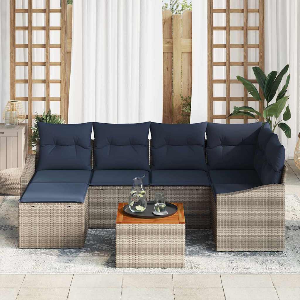 Tuinbankenset met opslag 7 pcs Grijs en Marineblauw poly rattan