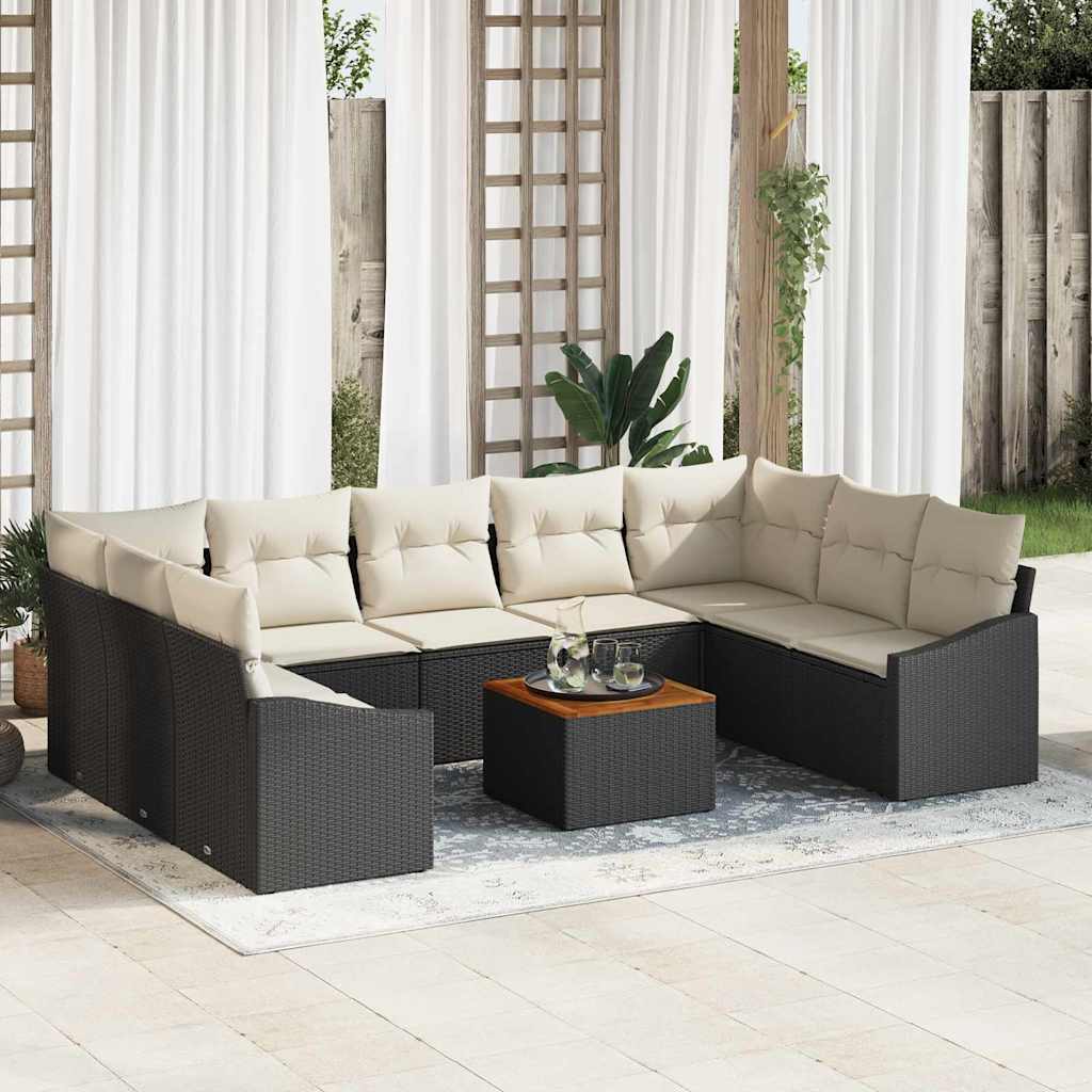 Tuinbankenset met opslag 10 pcs Zwart en Crème poly rattan