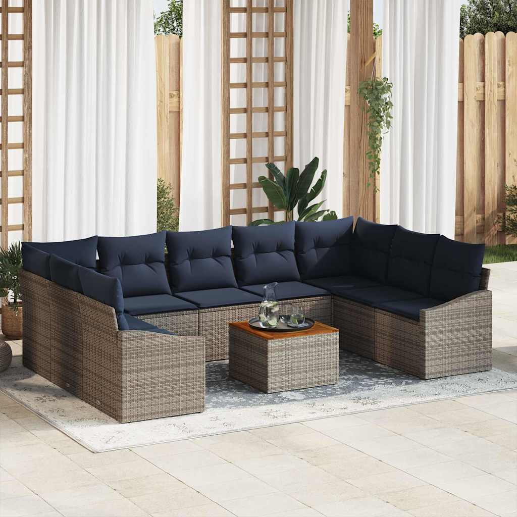 Tuinbankenset 10 pcs Grijs en Marineblauw poly rattan