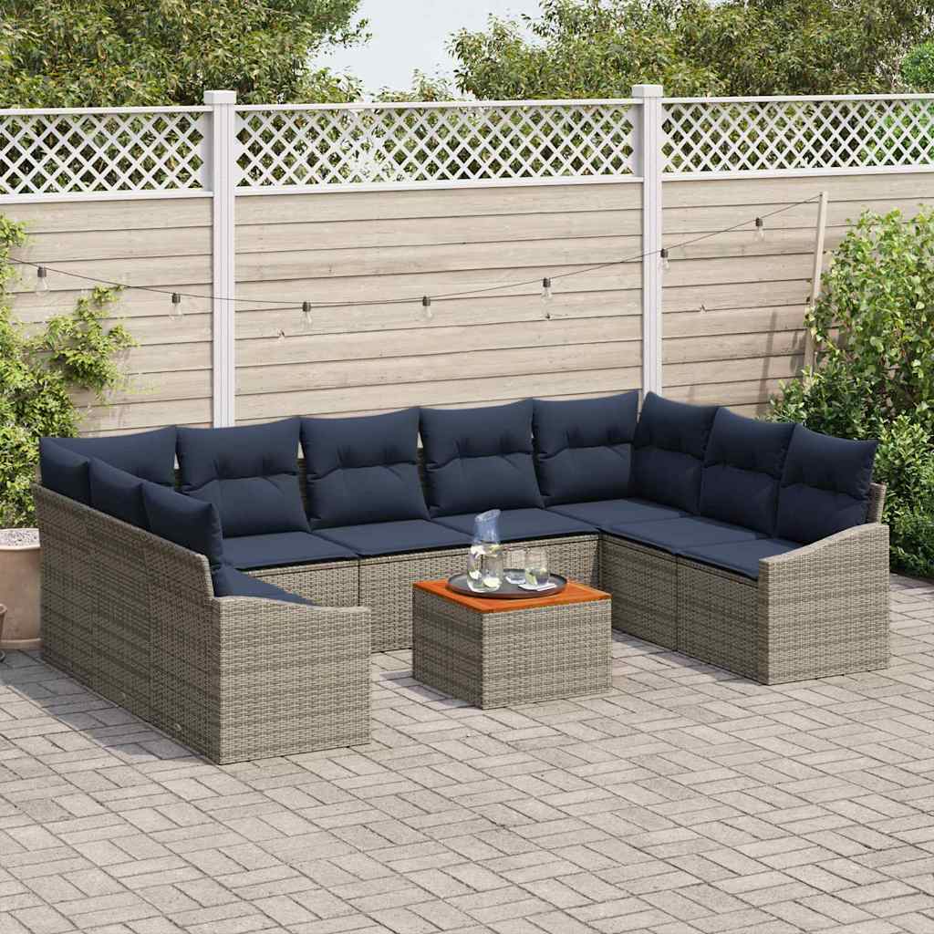 Tuinbankenset 10 pcs Grijs en Marineblauw poly rattan