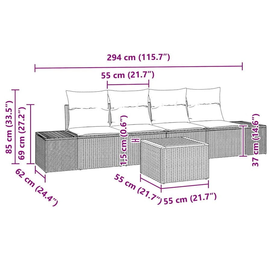 Tuinbankenset met opslag 5 pcs Grijs poly rattan