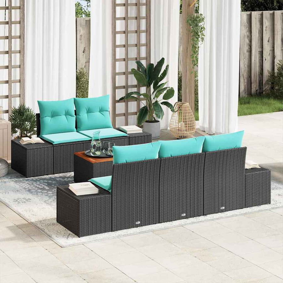 Tuinbankenset 6 st Zwart en Turquoise poly rattan