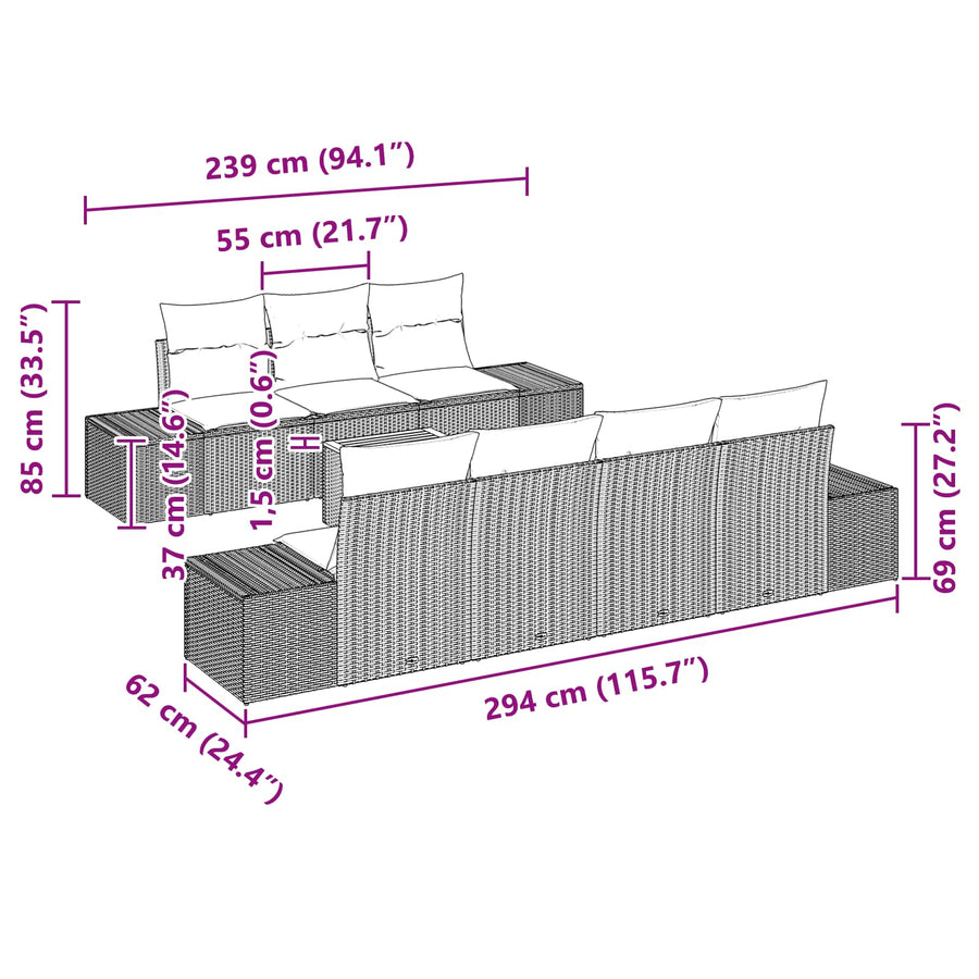 Tuinbankenset 8 st Zwart en Turquoise poly rattan