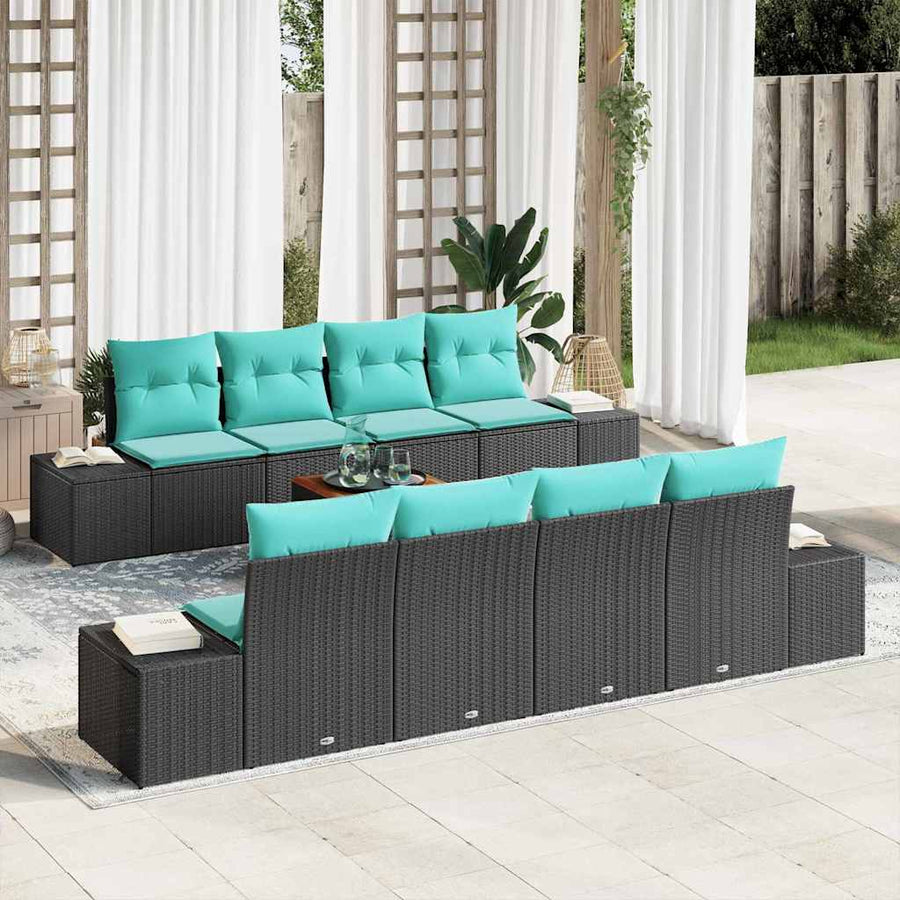 Tuinbankenset 9 st Zwart en Turquoise poly rattan