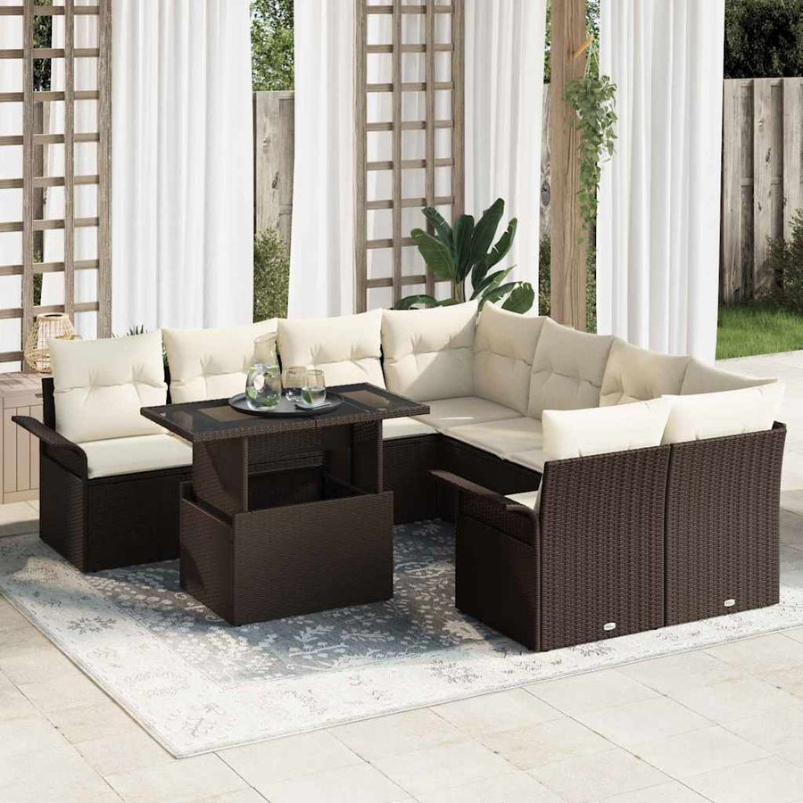 Tuin Sofa Set met kussen met opslag 9 pcs Bruin Poly Rattan