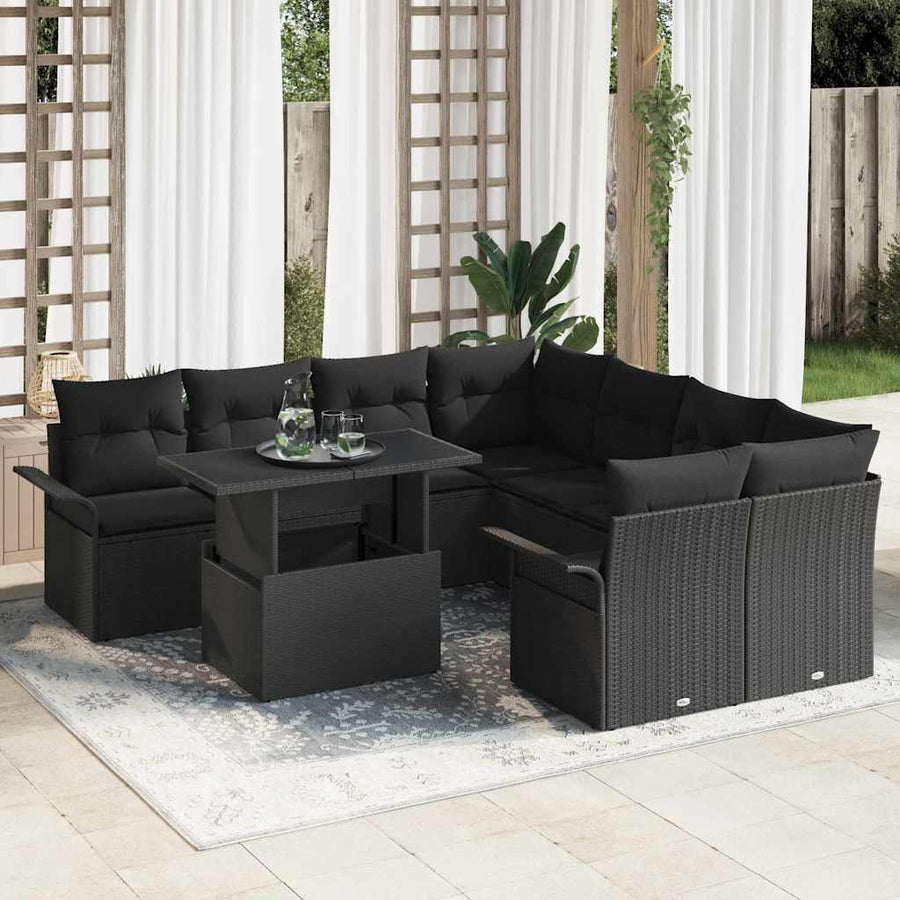 Tuin Sofa Set met kussen met opslag 9 pcs Zwart Poly Rattan