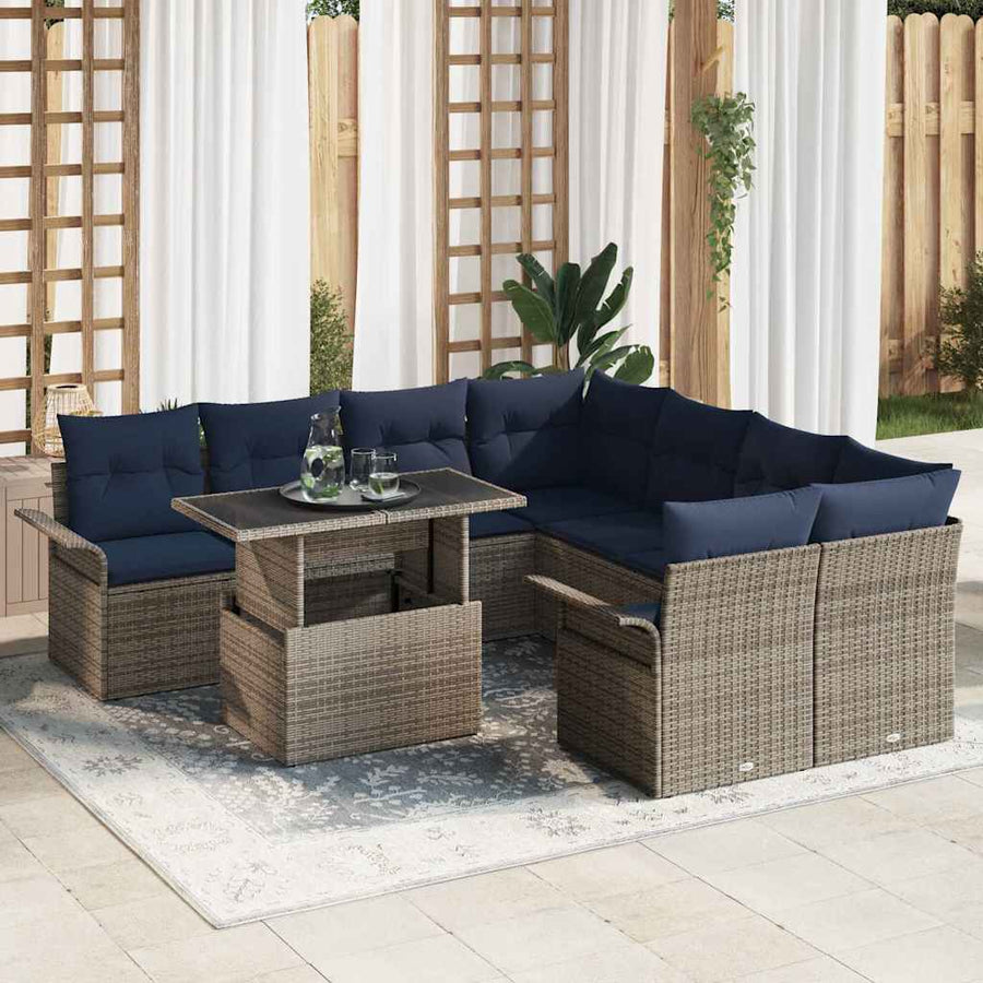 Tuin Sofa Set met kussen met opslag 9 pcs Grijs Poly Rattan