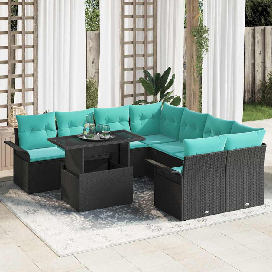 Tuin Sofa Set met kussen met opslag 9 pcs Zwart Poly Rattan
