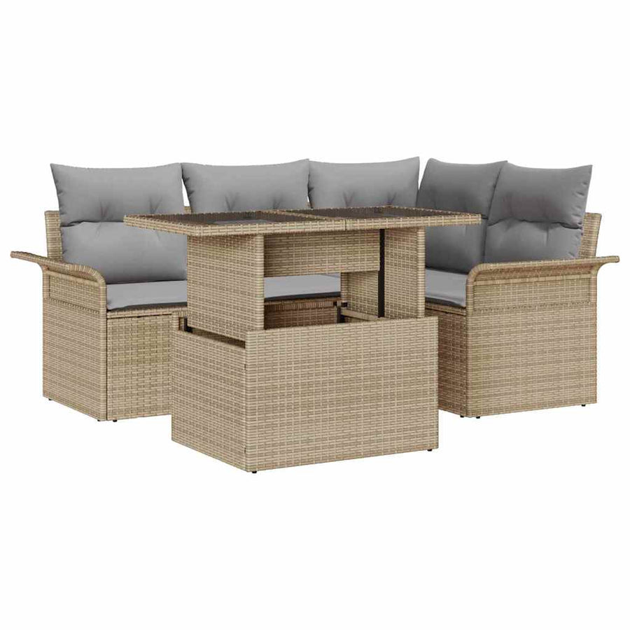 Tuin Sofa Set Met Kussen Met Opslag 5 Pcs Poly Riet beige en lichtgrijs