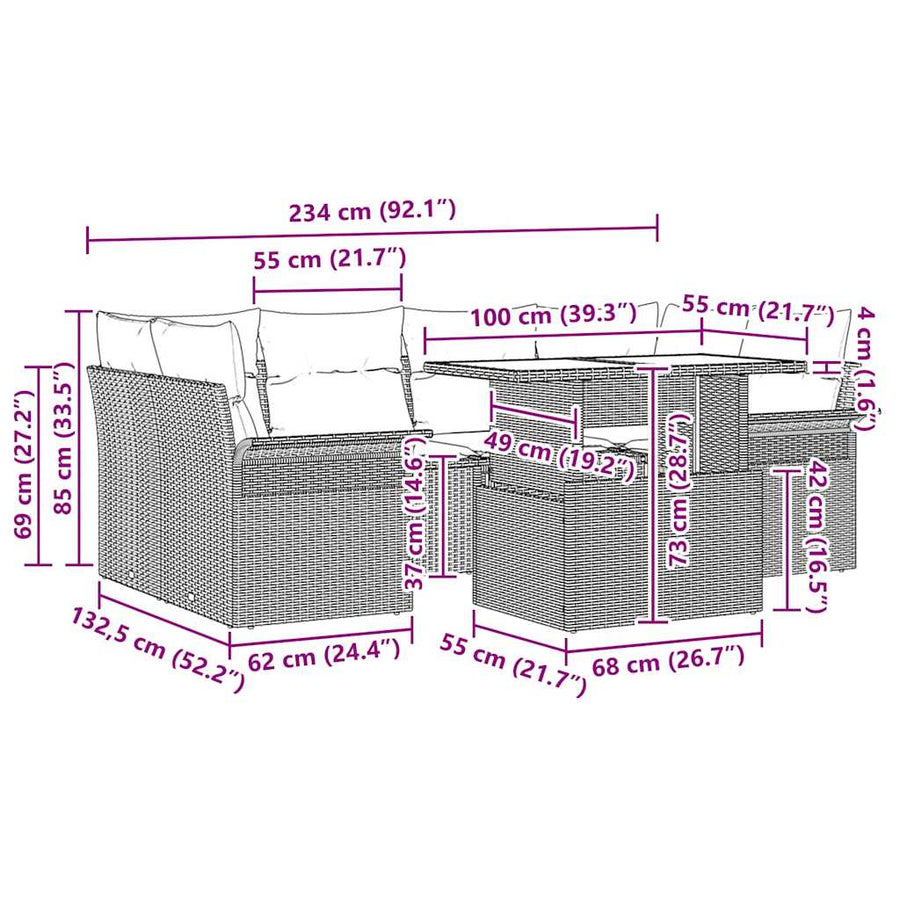 Tuin Sofa Set met kussen met opslag 7 pcs Zwart Poly riet