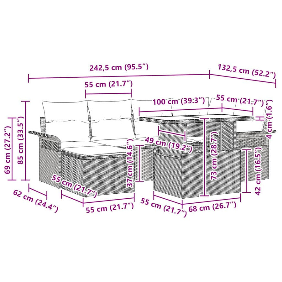 Tuin Sofa Set met kussen met opslag 7 pcs Zwart Poly riet