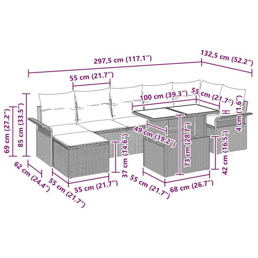 Tuin Sofa Set met kussen met opslag 8 pcs Bruin Poly riet