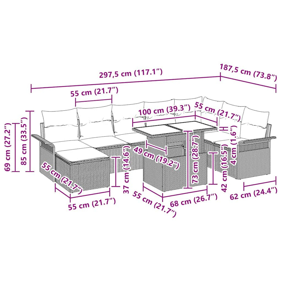 Tuin Sofa Set met kussen met opslag 9 pcs Lichtgrijs