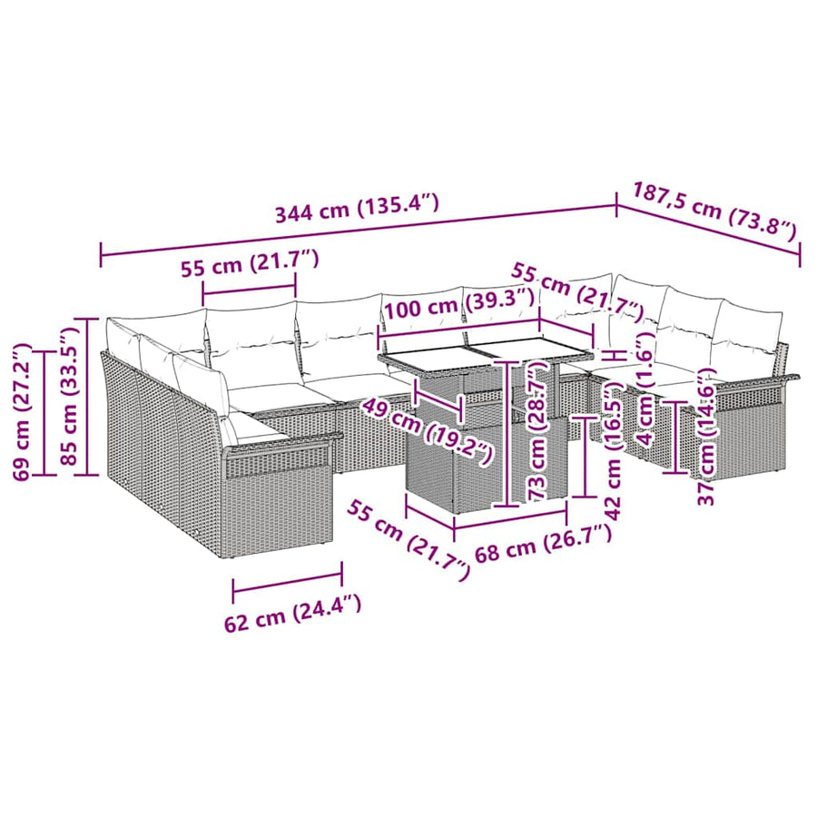 Tuin Sofa Set met kussen met kussen 11 pcs Zwart Poly Rattan