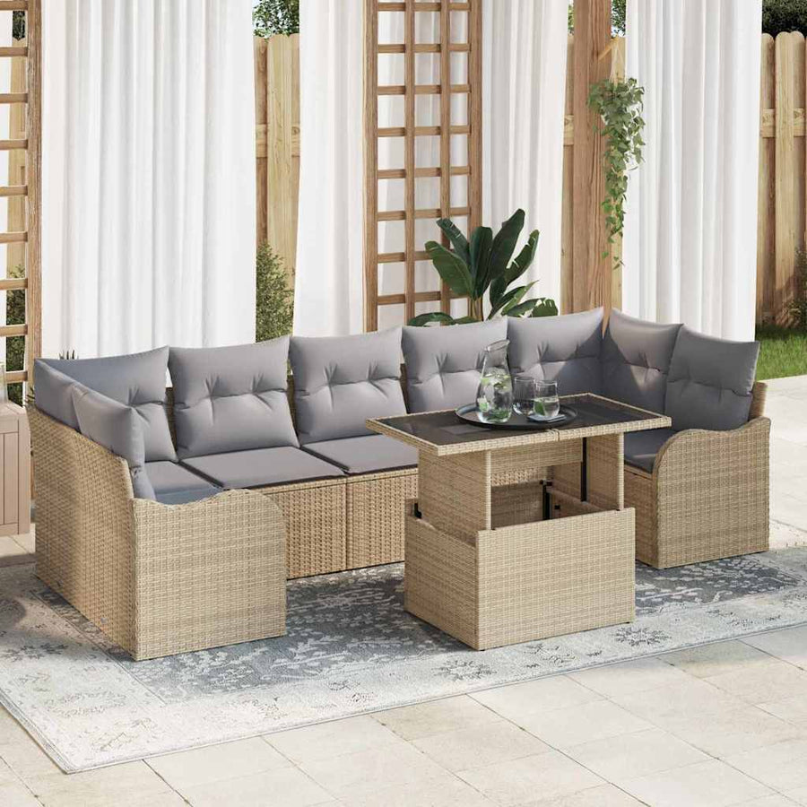 Tuin Sofa Set met kussen met opslag 8 pcs Beige Poly riet