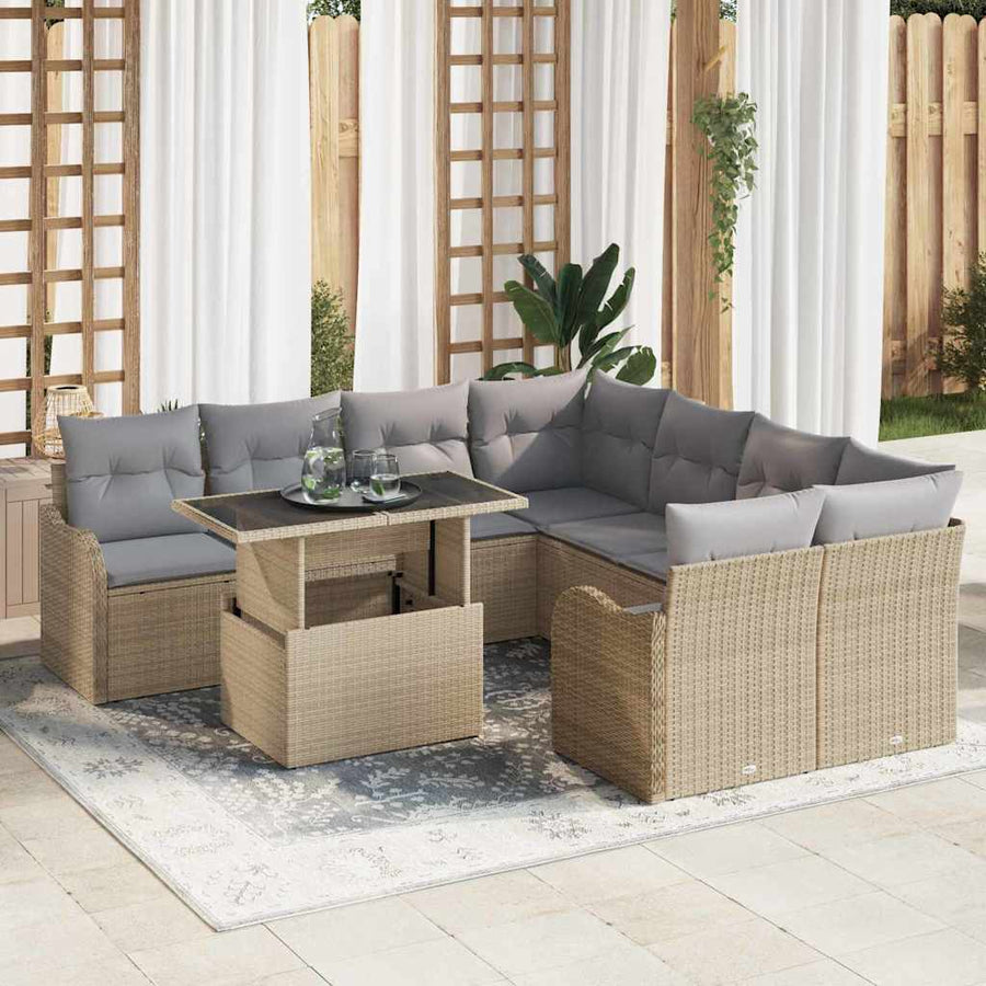 Tuinbankenset met kussen met kussen 9 pcs Beige Polyrattan