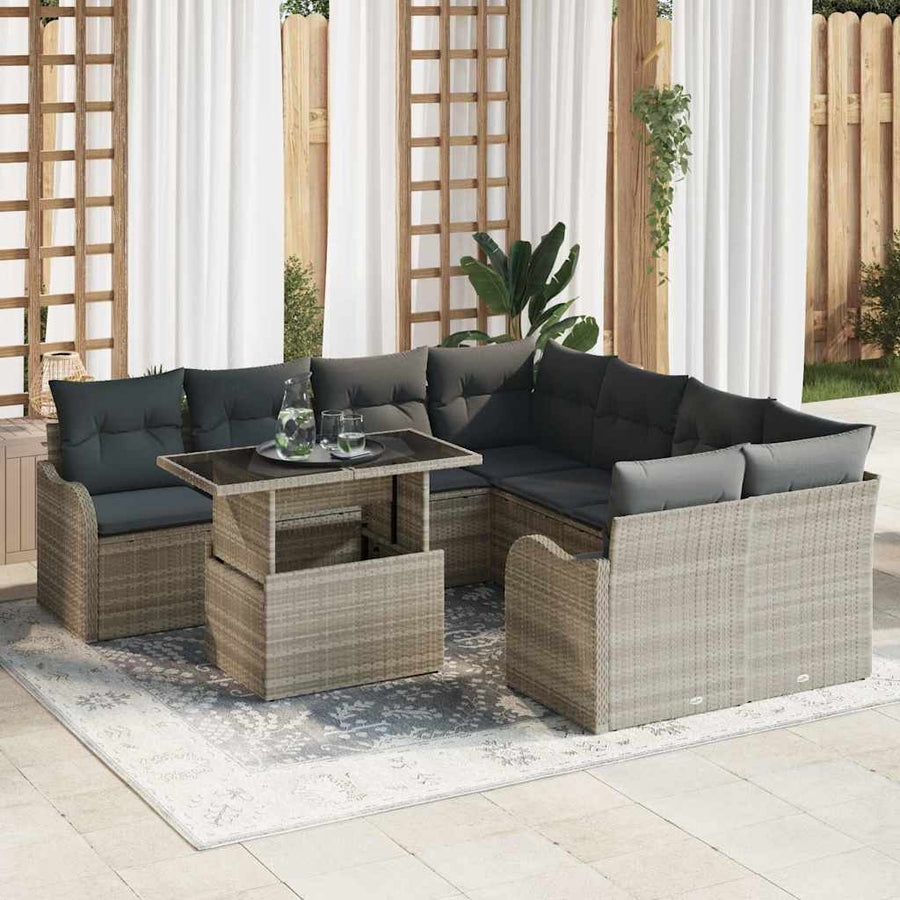 Tuinbankenset met kussen met kussen 9 pcs Lichtgrijs Polyrattan