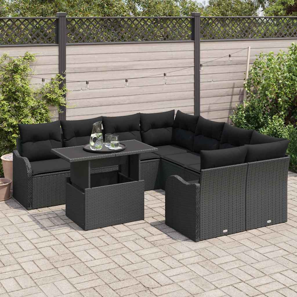 Tuinbankenset met kussen met kussen 9 pcs Zwart Polyrattan