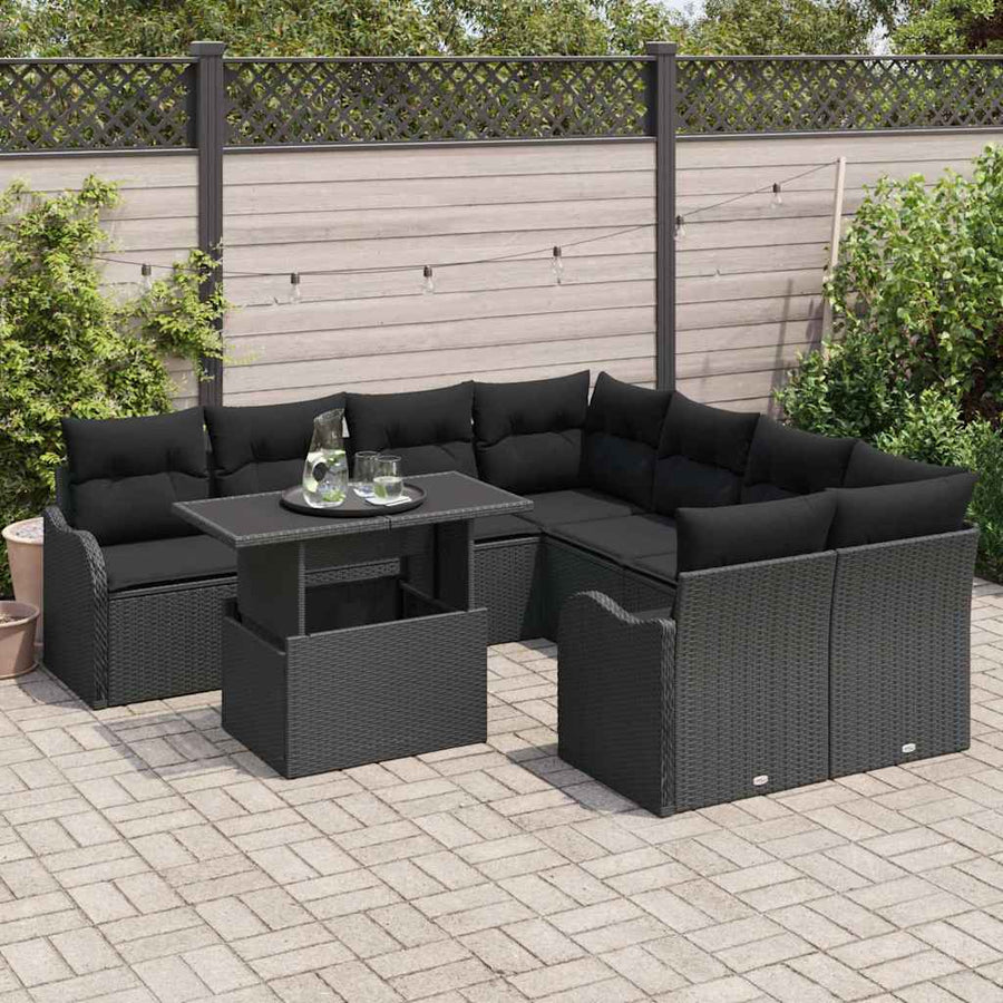 Tuinbankenset met kussen met kussen 9 pcs Zwart Polyrattan