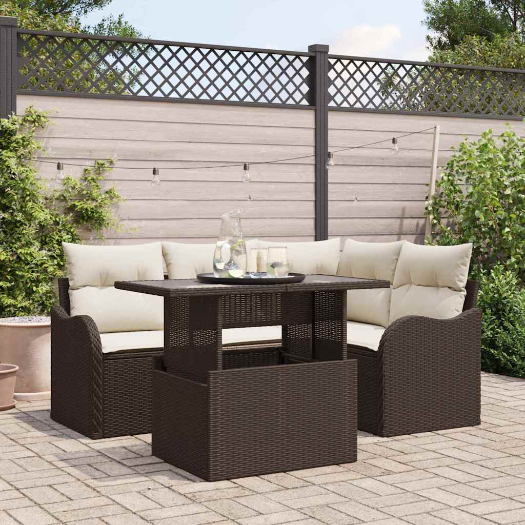 Tuin Sofa Set met kussen met kussen 5 pcs Bruin Poly Rattan