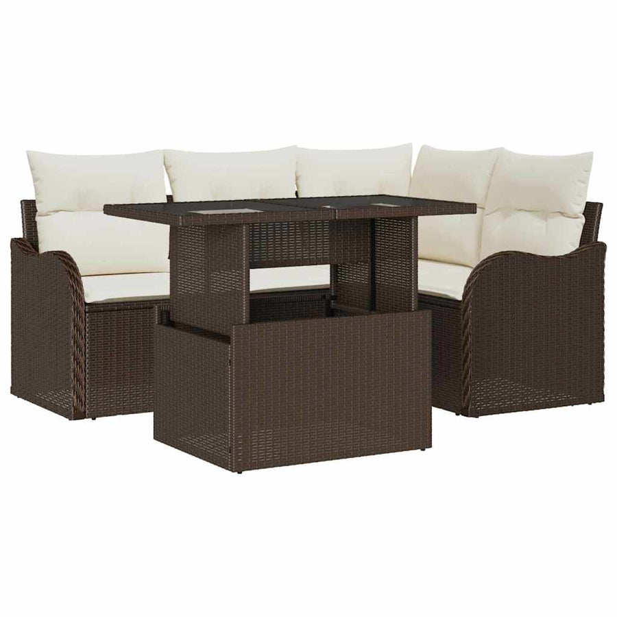 Tuin Sofa Set met kussen met kussen 5 pcs Bruin Poly Rattan