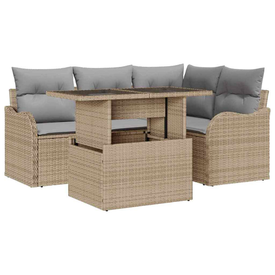 Tuin Sofa Set Met Kussen Met Kussen 5 Pcs Poly Rattan beige en lichtgrijs