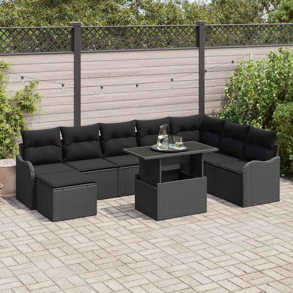 Tuin Sofa Set met kussen met opslag 9 pcs Zwart Poly riet