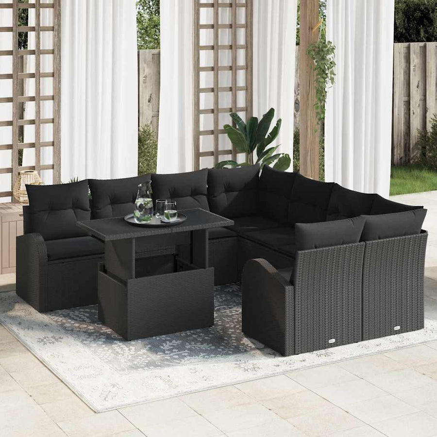 Tuin Sofa Set met kussen met opslag 9 pcs Zwart Poly Rattan