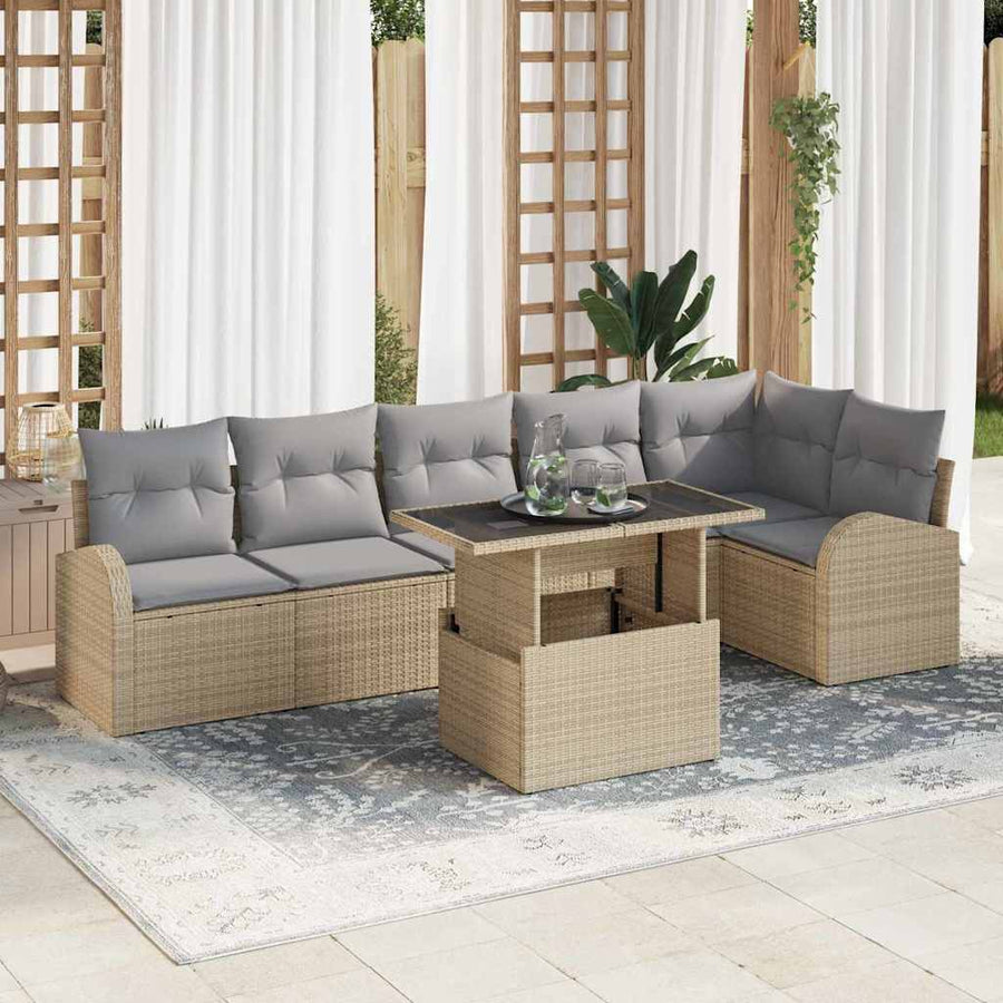 Tuin Sofa Set met kussen met opslag 7 pcs Beige Poly riet
