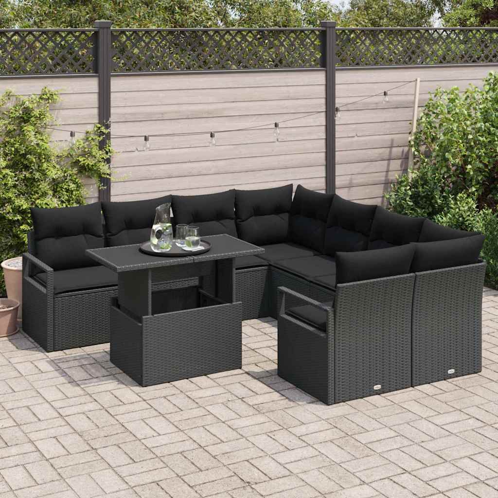 Tuin Sofa Set met kussen met opslag 9 pcs Zwart Poly riet