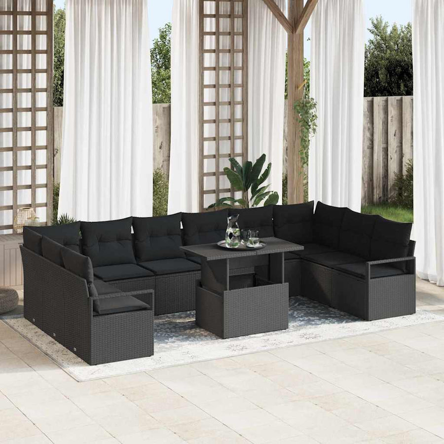 Tuin Sofa Set met kussen met opslag 11 pcs Zwart poly rattan