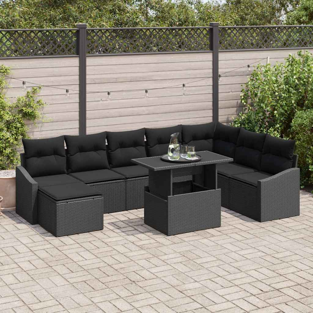 Tuin Sofa Set 9 pcs Zwart Poly Rattan en Poedergecoat Staal