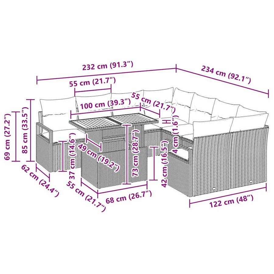 Tuin Sofa Set met opslag 9 pcs Zwart Poly riet