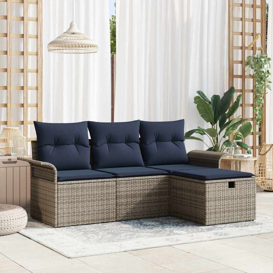 Tuin Sofa Set met kussen 4 pcs Grijs en Marineblauw poly rattan