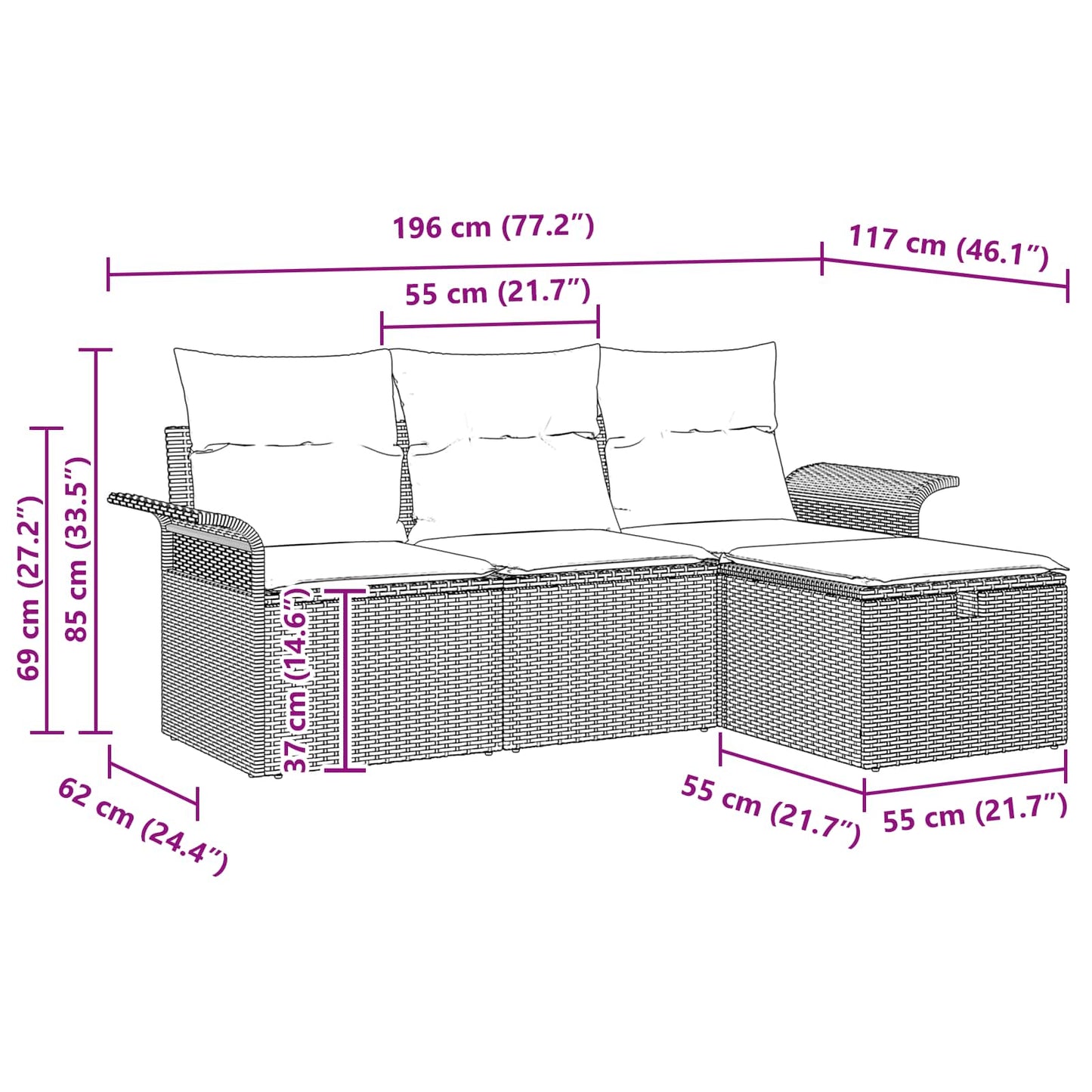 Tuin Sofa Set met kussen 4 pcs Grijs en Marineblauw poly rattan